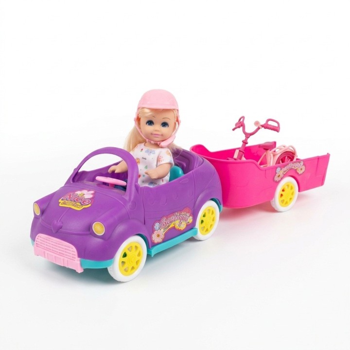 Set Muñeca Carro Morado Con Remolque Y Bicicleta
