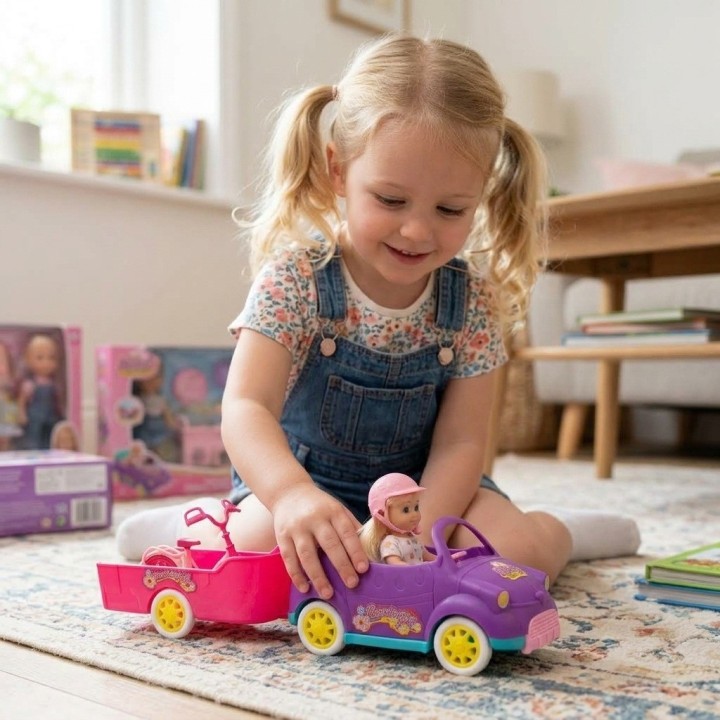 Set Muñeca Carro Morado Con Remolque Y Bicicleta