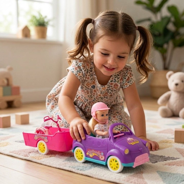 Set Muñeca Carro Morado Con Remolque Y Bicicleta
