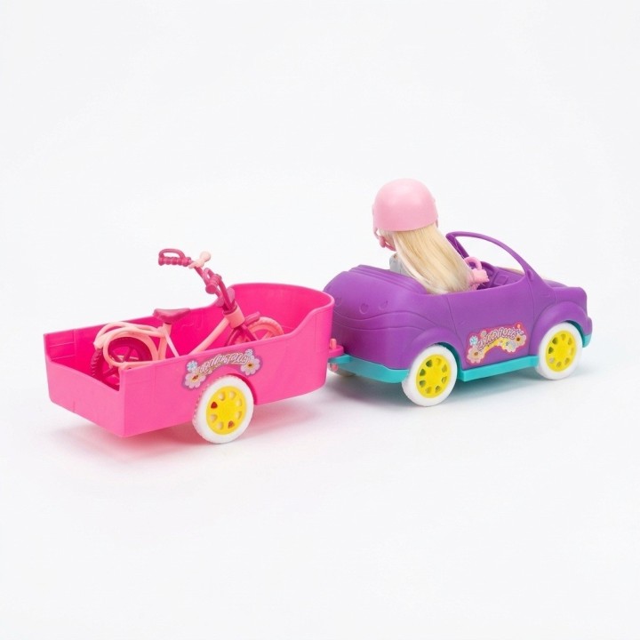 Set Muñeca Carro Morado Con Remolque Y Bicicleta