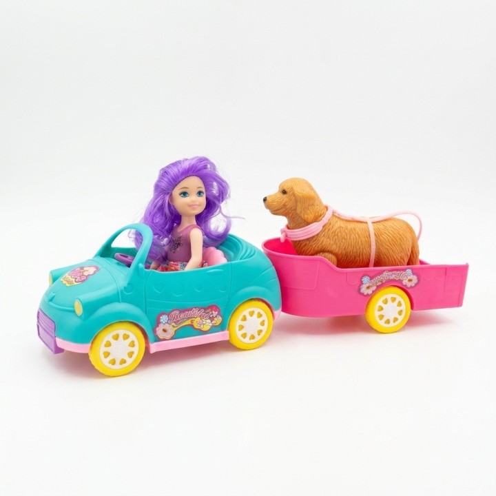 Set Muñeca Con Carro Descapotable, Remolque Y Perrito