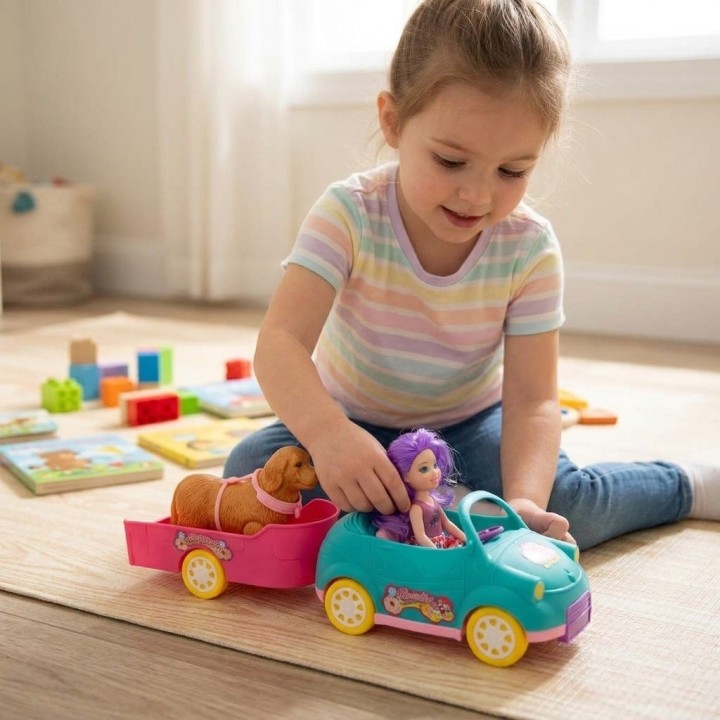 Set Muñeca Con Carro Descapotable, Remolque Y Perrito