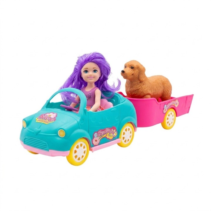 Set Muñeca Con Carro Descapotable, Remolque Y Perrito