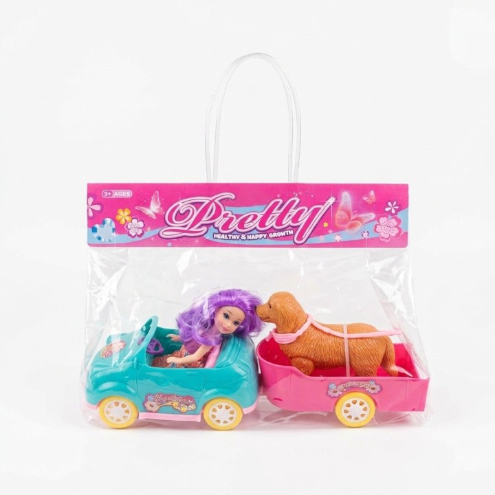 Set Muñeca Con Carro Descapotable, Remolque Y Perrito