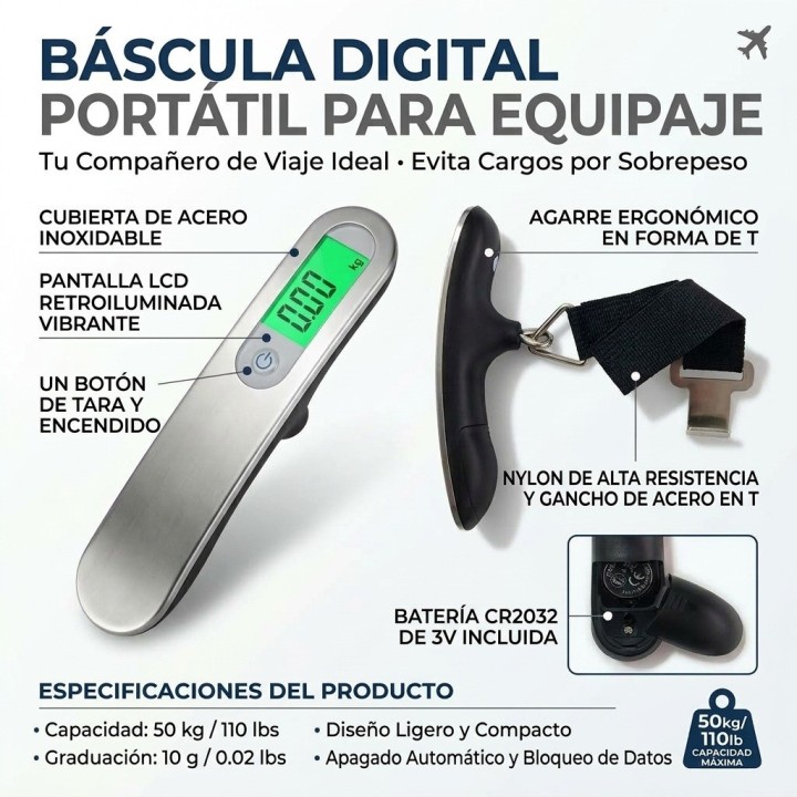 Báscula Digital Portátil Equipaje Maletas 50kg Viaje