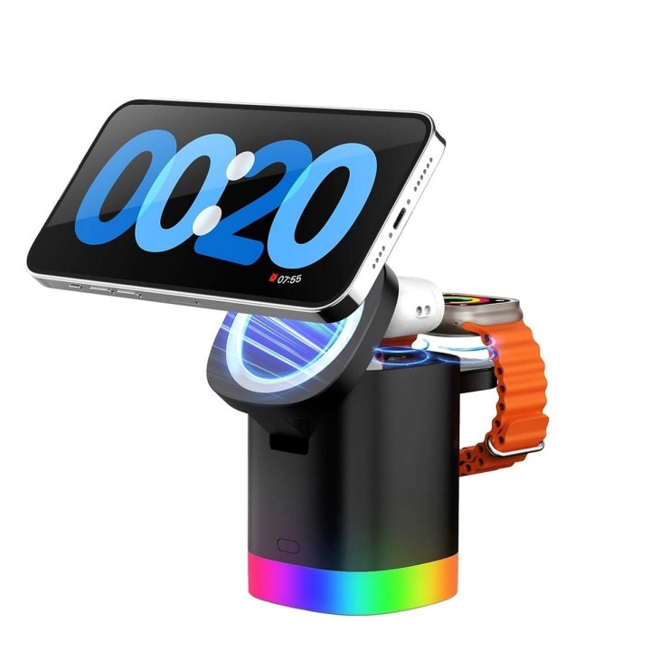Cargador Inalámbrico 3 En 1 Magnético Plegable 15w Luz Rgb