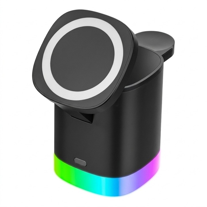 Cargador Inalámbrico 3 En 1 Magnético Plegable 15w Luz Rgb