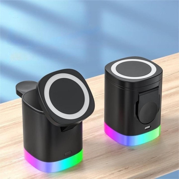 Cargador Inalámbrico 3 En 1 Magnético Plegable 15w Luz Rgb