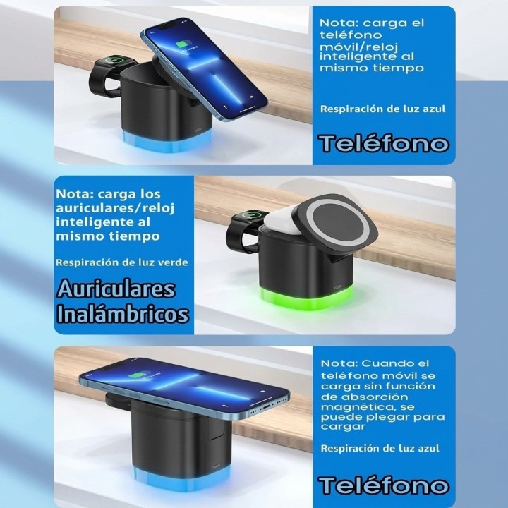Cargador Inalámbrico 3 En 1 Magnético Plegable 15w Luz Rgb