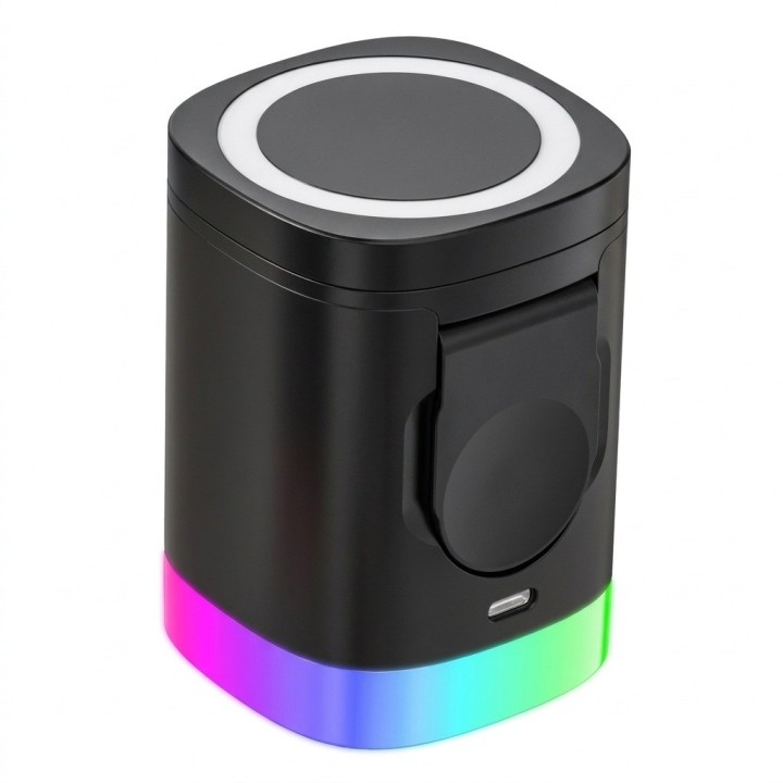 Cargador Inalámbrico 3 En 1 Magnético Plegable 15w Luz Rgb