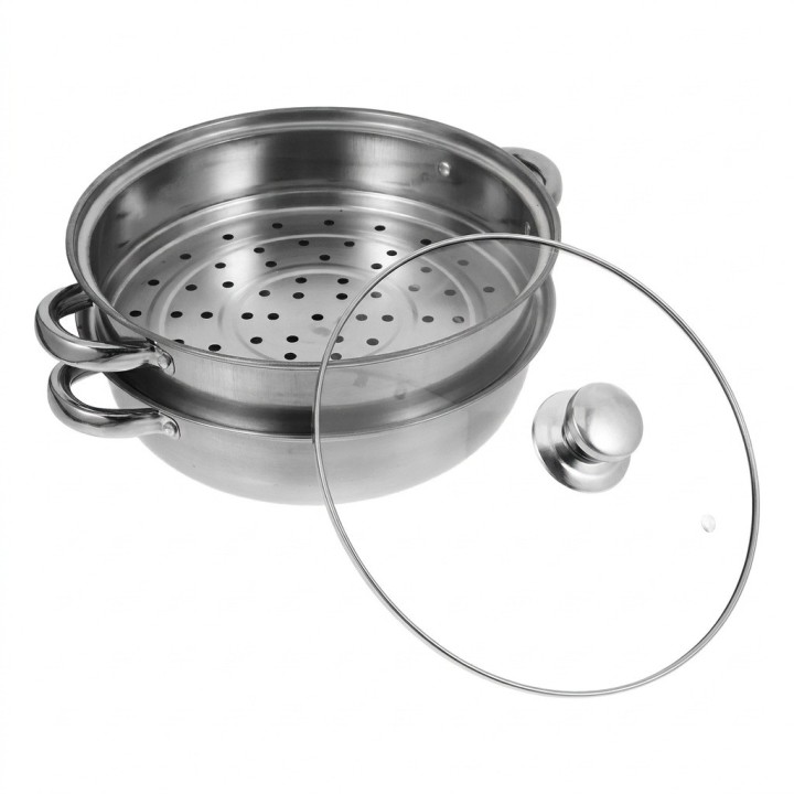 Olla Vaporera Acero Inoxidable 28cm 2 Niveles Tapa Vidrio