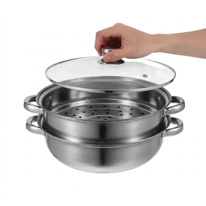Olla Vaporera Acero Inoxidable 28cm 2 Niveles Tapa Vidrio