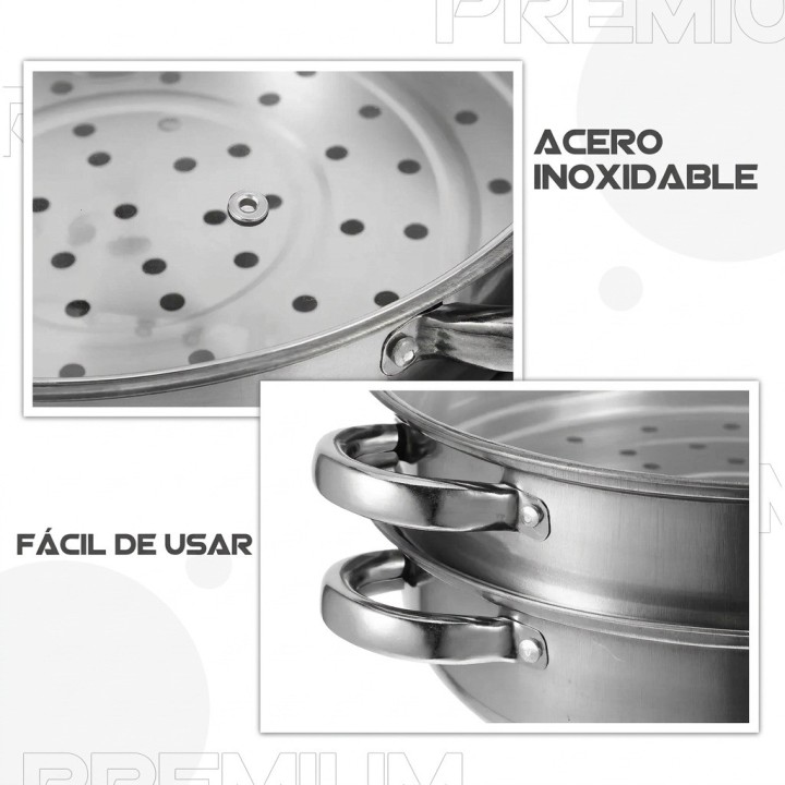Olla Vaporera Acero Inoxidable 28cm 2 Niveles Tapa Vidrio