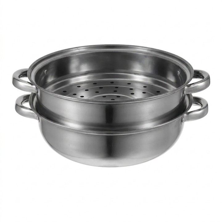 Olla Vaporera Acero Inoxidable 28cm 2 Niveles Tapa Vidrio