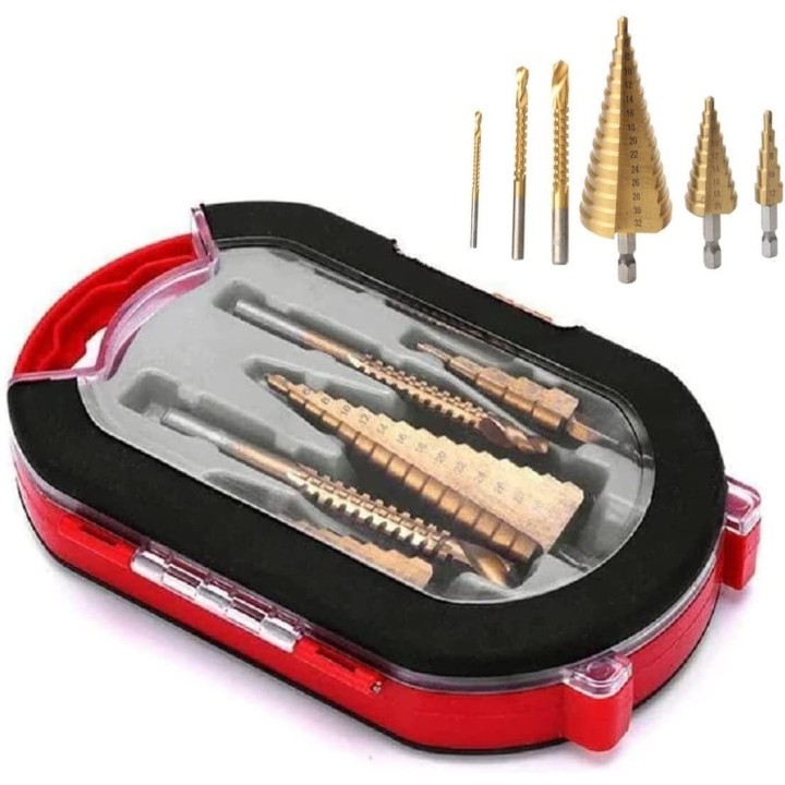Set 6 Brocas Escalonadas Y Fresas Titanio Con Estuche
