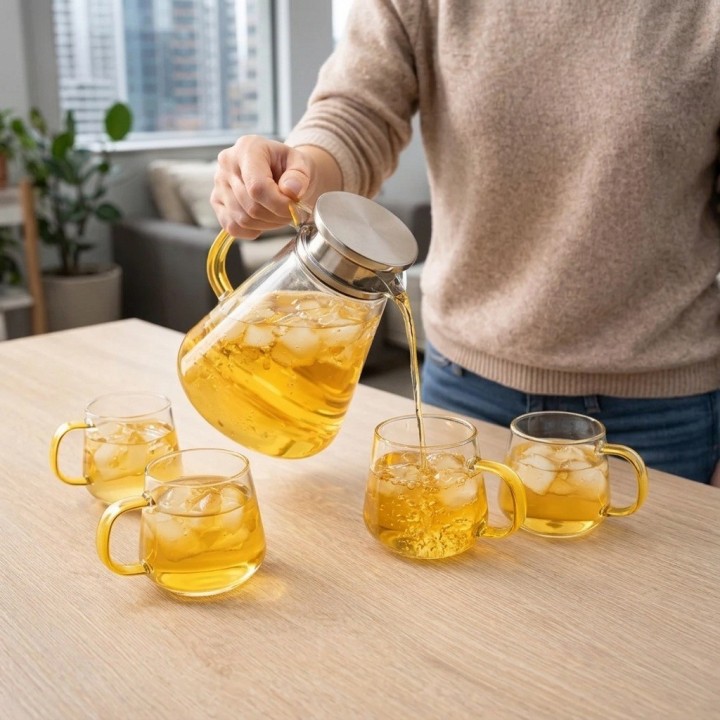Set Jarra De Vidrio 1.8l Y 4 Vasos 400ml Frío Calor