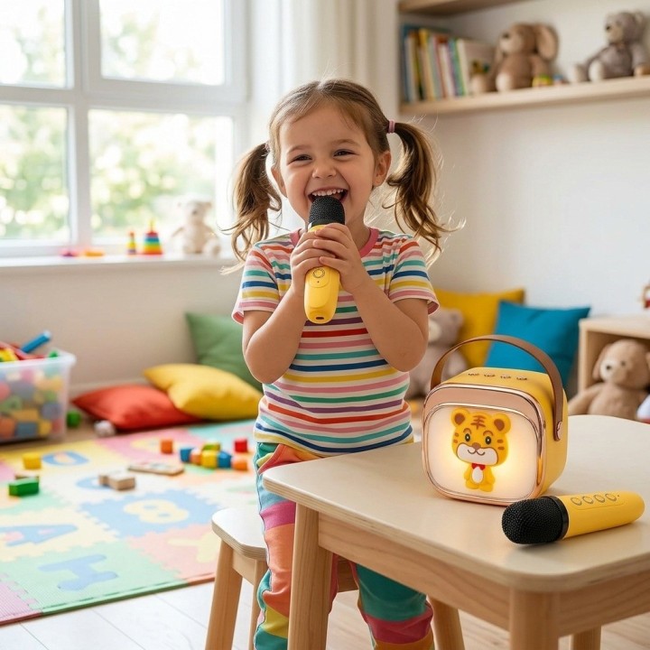 Karaoke Infantil Bluetooth Con 2 Micrófonos Y Luces Mágicas