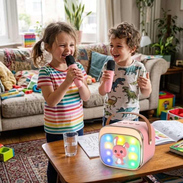 Karaoke Infantil Bluetooth Con 2 Micrófonos Y Luces Mágicas