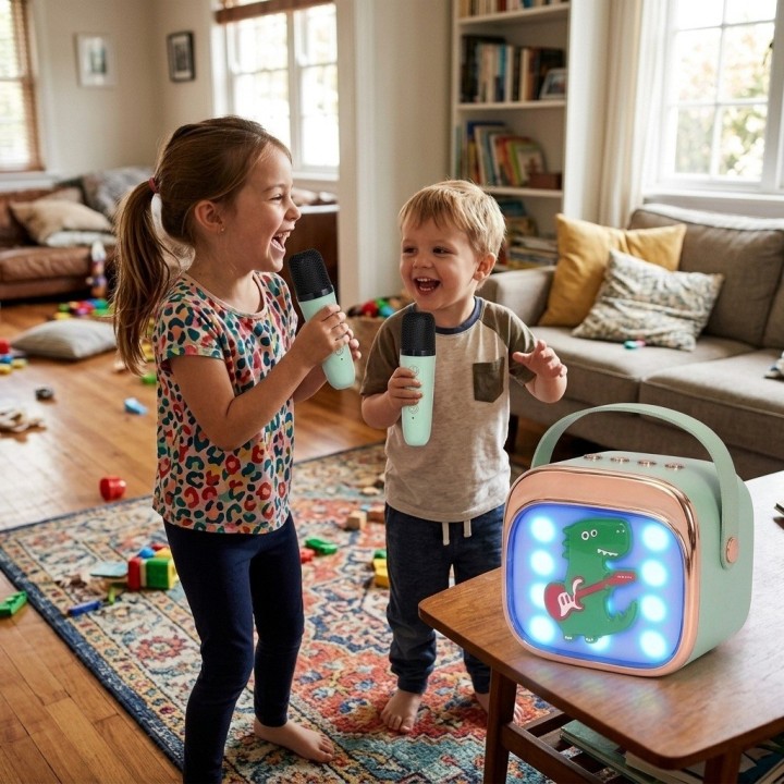 Karaoke Infantil Bluetooth Con 2 Micrófonos Y Luces Mágicas