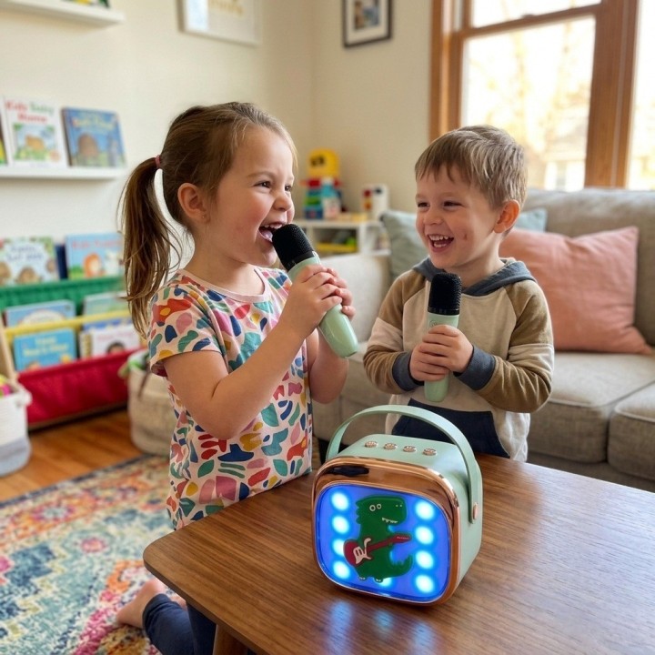Karaoke Infantil Bluetooth Con 2 Micrófonos Y Luces Mágicas