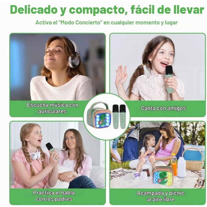 Karaoke Infantil Bluetooth Con 2 Micrófonos Y Luces Mágicas