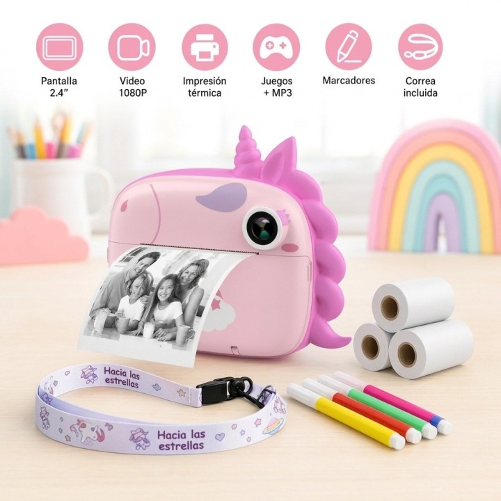 Cámara Infantil Unicornio Impresión Instantánea Fotos Video