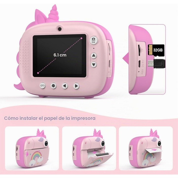 Cámara Infantil Unicornio Impresión Instantánea Fotos Video