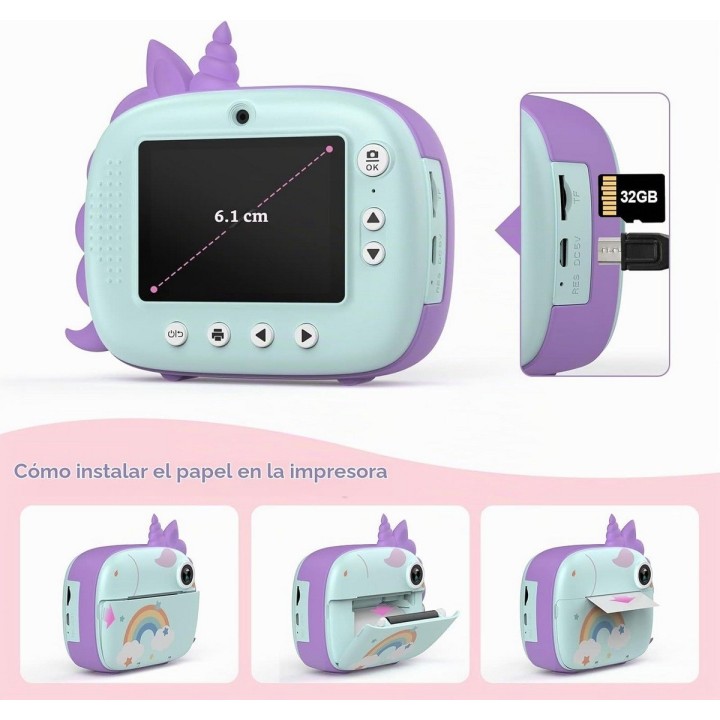 Cámara Infantil Unicornio Impresión Instantánea Fotos Video