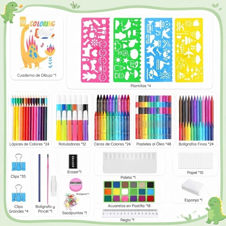 Set De Arte 208 Piezas Infantil Maletín Colores Dinosaurio