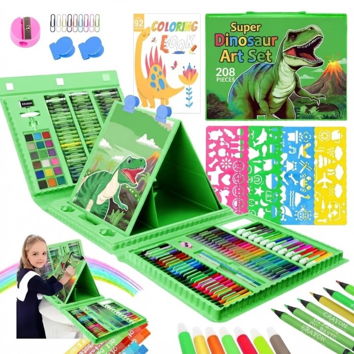 Set De Arte 208 Piezas Infantil Maletín Colores Dinosaurio